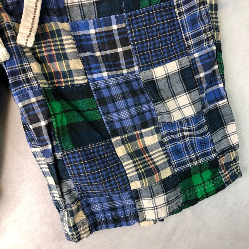 American Eagle Dorm Patchwork Plaid Shorts Mens Medium Blue Madras Longer Length